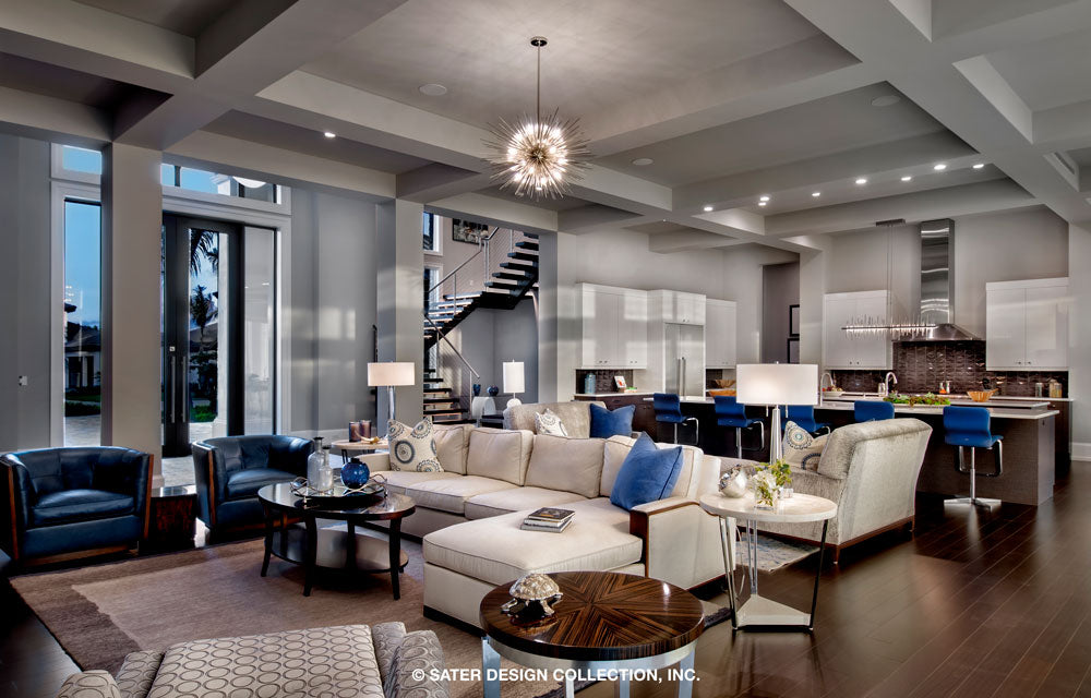 Waters Edge House Plan grand salon and kitchen